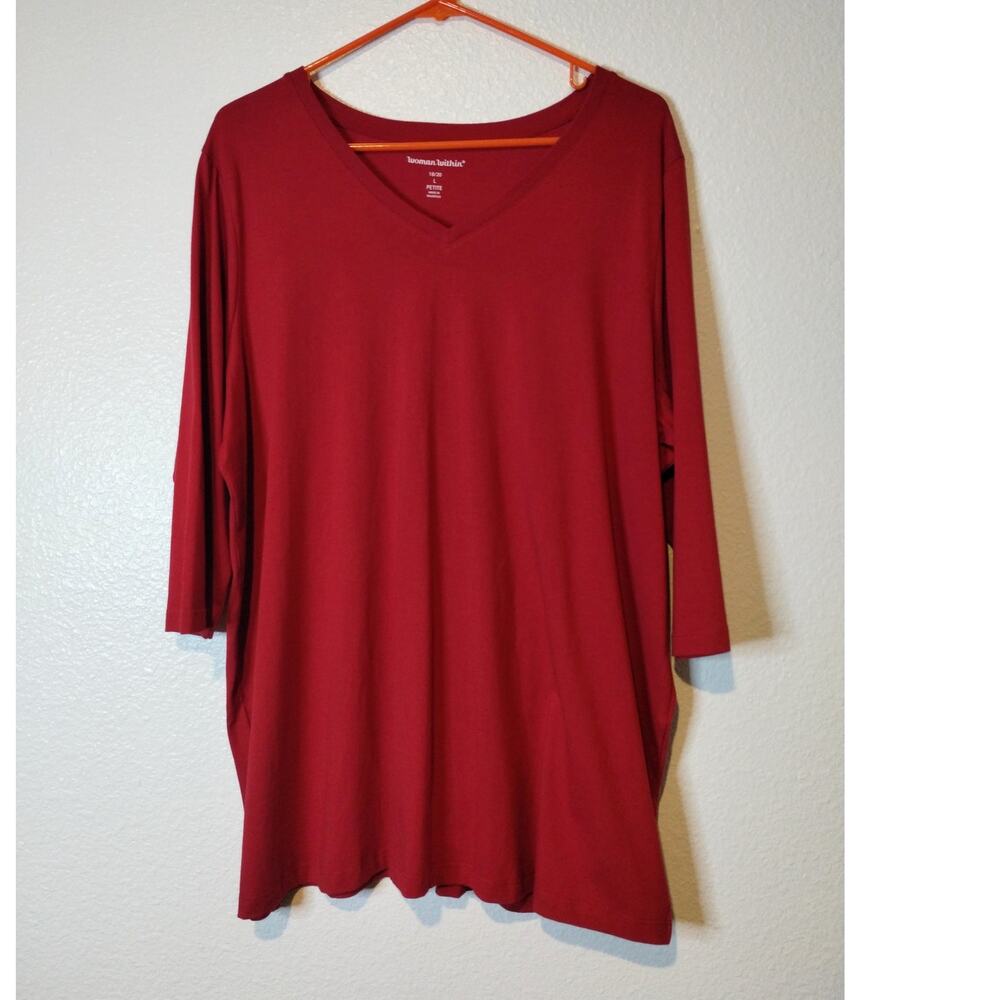 Woman Within Size 18/20 Petite Red 3/4 Sleeves V-Neck Cotton Tunic Tee T-Shirt